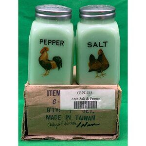Vintage Jade Glass Salt & Pepper Shakers Rooster Graphics Metal Lids